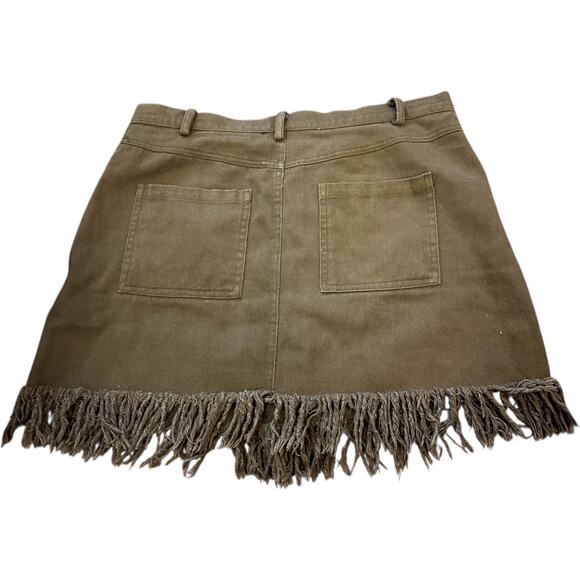 Olive Scent Army Green Fringed Hem Button Fly Skirt, Boho, Size Large - Picture 2 of 5